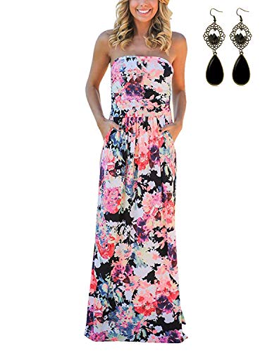 carinacoco Damen Bandeau Bustier Kleider mit Blüte Drucken Lange Sommerkleid Abendkleid Partykleid Cocktailkleid Rosa Geblümt02 von carinacoco