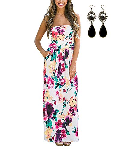 carinacoco Damen Bandeau Bustier Kleider mit Blüte Drucken Lange Sommerkleid Abendkleid Partykleid Cocktailkleid Weiß Geblümt04 von carinacoco