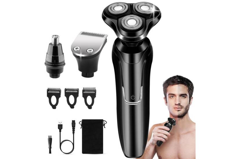 MODFU Elektrorasierer Herren 3D Rasierapparat Barttrimmer Bartschneider, Langhaartrimmer, 3 in 1 Haarschneider Rasur Nasenhaartrimmer Detail-Trimmer IPX7 USB, mit 5 Aufsätzen 3 Scherköpfe Männer glattes Rasurergebnis von MODFU