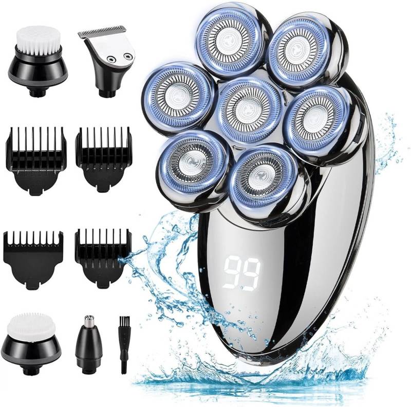 MODFU Elektrorasierer Herren 7D Rasierapparat Kopfrasierer Glatzenrasierer Set, Präzisionstrimmer, 5 in 1 Haarschneider Detail-Trimmer Trocken- und Nassrasur, mit LED 7 Scherköpfe 5 Aufsätzen 3 Grenzkämme, IPX7 Wasserdicht von MODFU