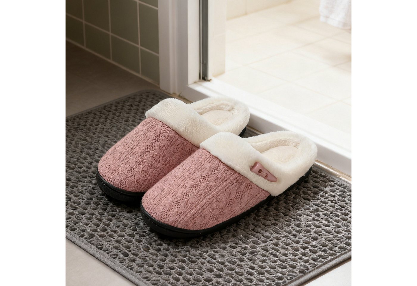MODFU Flausch-Hausschuhe Bequeme Strickslipper Indoor Slipper Plüsch Hausschuhe (Atmungsaktives Strickobermaterial mit elegantem Farbdesign, 1-tlg., Plüsch-Strickslipper mit Memory-Schaum rutschfester Gummisohle) Unisex-Design für unterschiedliche Fußformen und Innenbereiche von MODFU