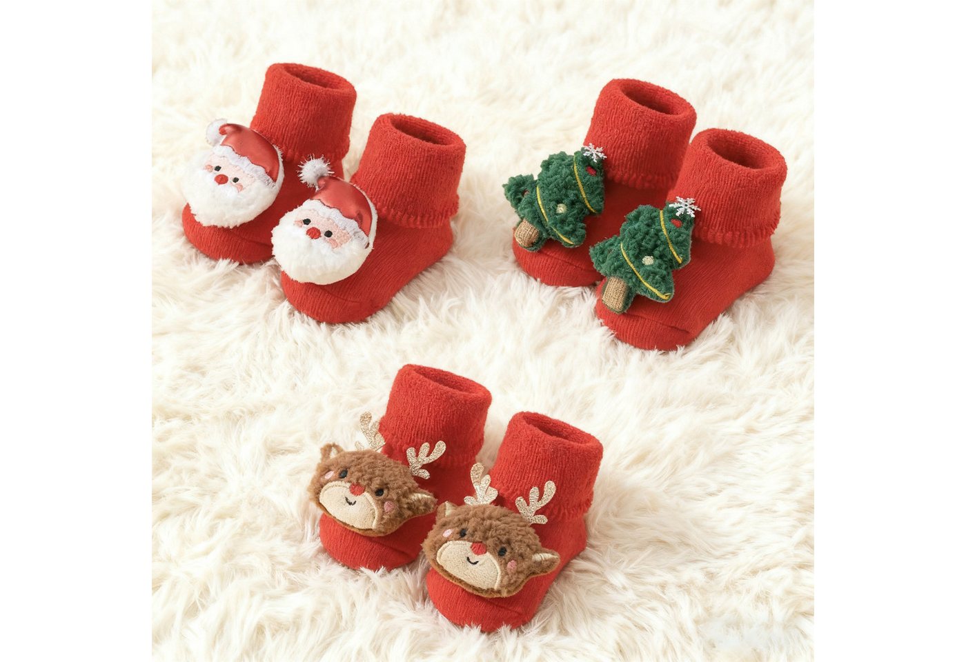 MODFU Freizeitsocken Baby-Weihnachtsstrümpfe 3er Set Thermosocken Baumwollsocken (Haussocken Innensocken oder warme Alltagssocken, 3-Paar, mit Liebevolle 3D-Weihnachtsmotive für Babys von 0–3 Jahren) Warme Babysocken Geschenkset von MODFU