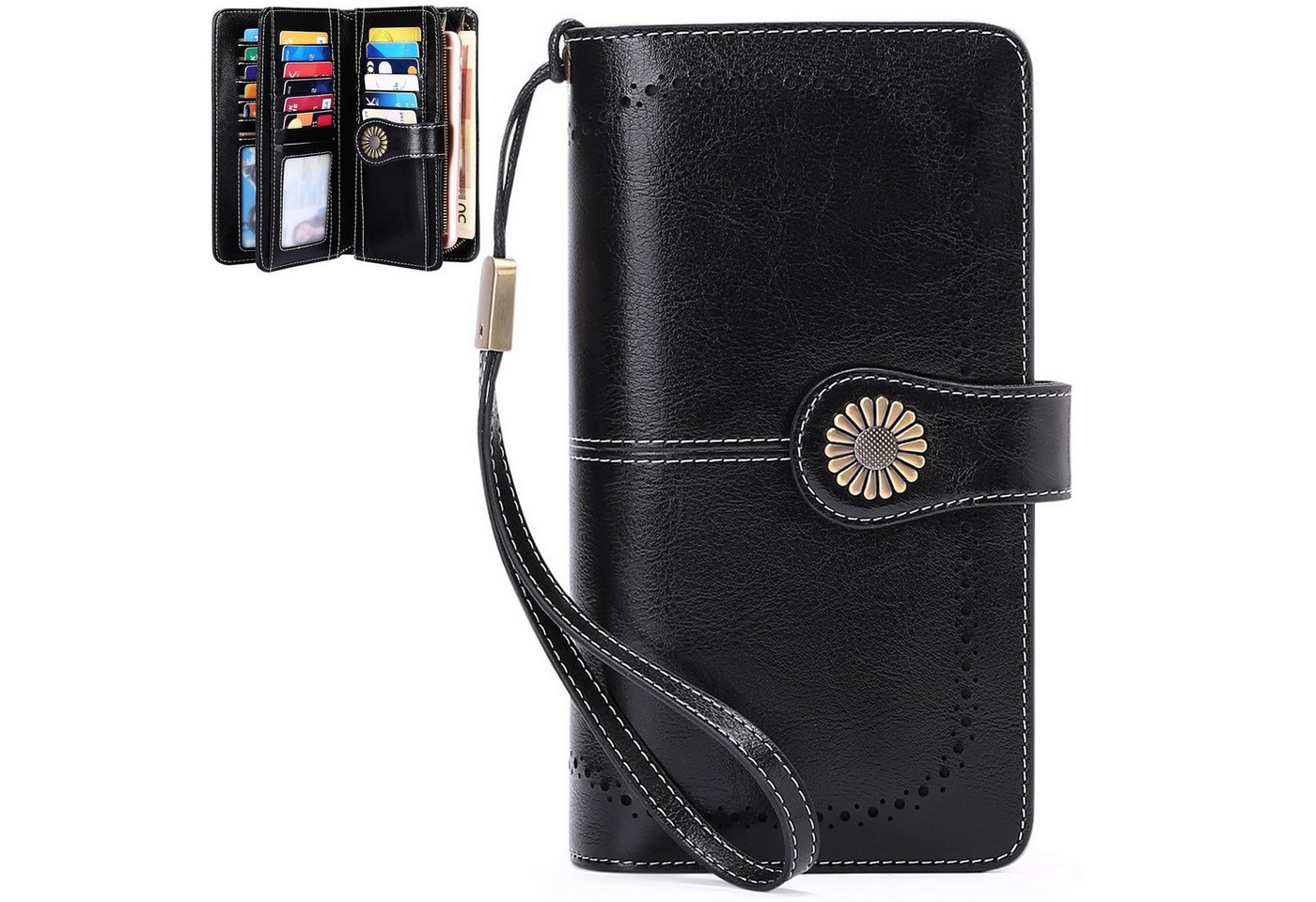 MODFU Geldbörse Handytasche Kurz Geldbeutel Portemonnaie Münzfach (Frauen Handtasche Ledergeldbörse Brieftasche mit 24 Kartenfächer, 1-tlg., Slim Wallet, Kreditkartenetui, Kartenetui, Kartenhalter), NFC RFID-Schutz mit Münzfach Reißverschluss Groß 19,5x10,5x3,5 cm von MODFU