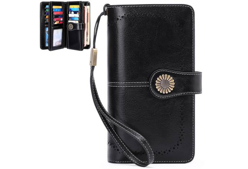 MODFU Geldbörse Handytasche Kurz Geldbeutel Portemonnaie Münzfach (Frauen Handtasche Ledergeldbörse Brieftasche mit 24 Kartenfächer, 1-tlg., Slim Wallet, Kreditkartenetui, Kartenetui, Kartenhalter), NFC RFID-Schutz mit Münzfach Reißverschluss Groß 19,5x10,5x3,5 cm von MODFU