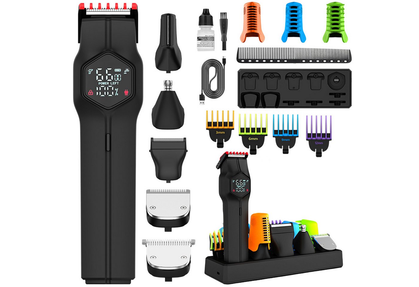 MODFU Haarschneider Multifunktions Haartrimmer Set Nasenhaartrimmer, Barttrimmer mit IPX7 wasserdicht LCD-Display 2 Geschwindigkeiten, mit Typ-C Ladefunktion magnetische Aufsätze verstellbare Schnittlängen von MODFU