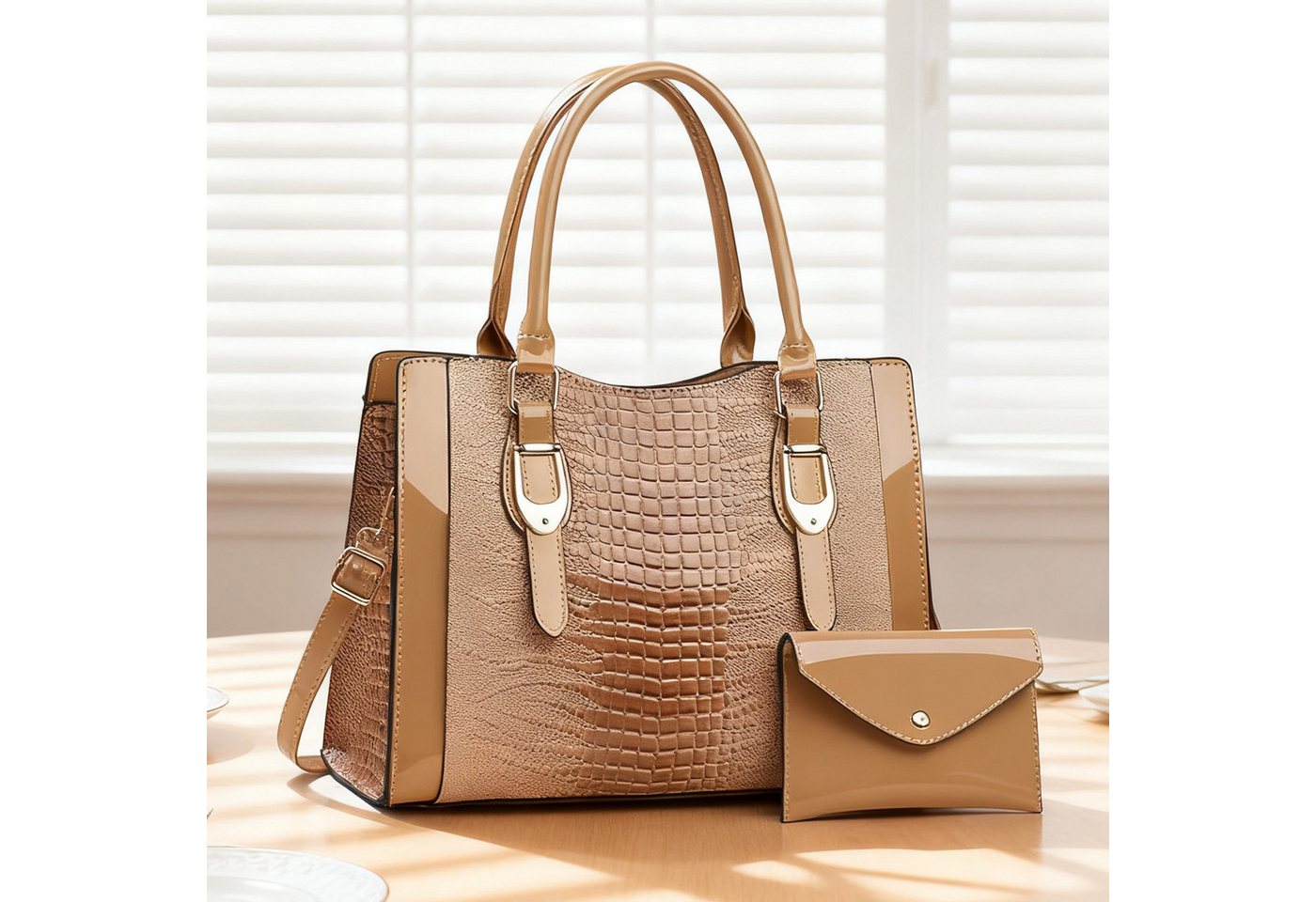 MODFU Henkeltasche Damen Handtasche Set Schultertasche Tragetasche Umhängetasche (2-teiliges Set aus Handtasche und Geldbörse mit Griff Schulterriemen, 2-tlg., mit Fächern für Handy Schlüssel und Kosmetik), Eleganter Stil ideal für Arbeit Reisen Feste oder als Geschenk von MODFU