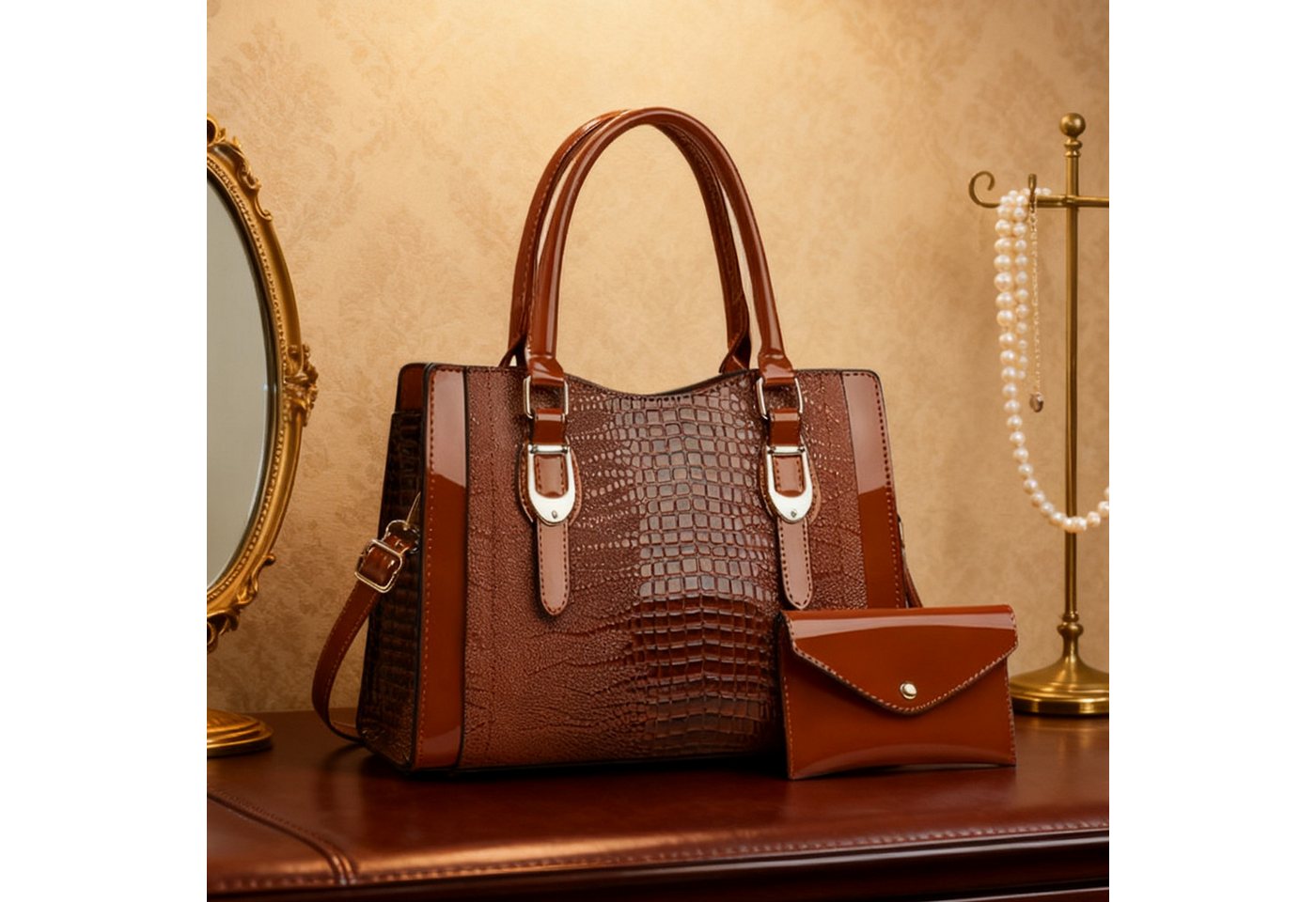 MODFU Henkeltasche Damen Handtasche Set Schultertasche Tragetasche Umhängetasche (2-teiliges Set aus Handtasche und Geldbörse mit Griff Schulterriemen, 2-tlg., mit Fächern für Handy Schlüssel und Kosmetik), Eleganter Stil ideal für Arbeit Reisen Feste oder als Geschenk von MODFU