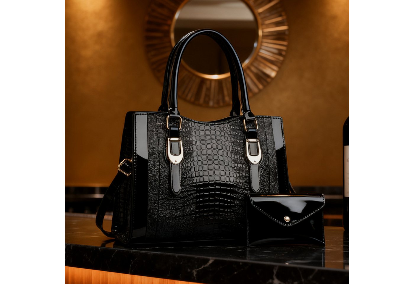 MODFU Henkeltasche Damen Handtasche Set Schultertasche Tragetasche Umhängetasche (2-teiliges Set aus Handtasche und Geldbörse mit Griff Schulterriemen, 2-tlg., mit Fächern für Handy Schlüssel und Kosmetik), Eleganter Stil ideal für Arbeit Reisen Feste oder als Geschenk von MODFU