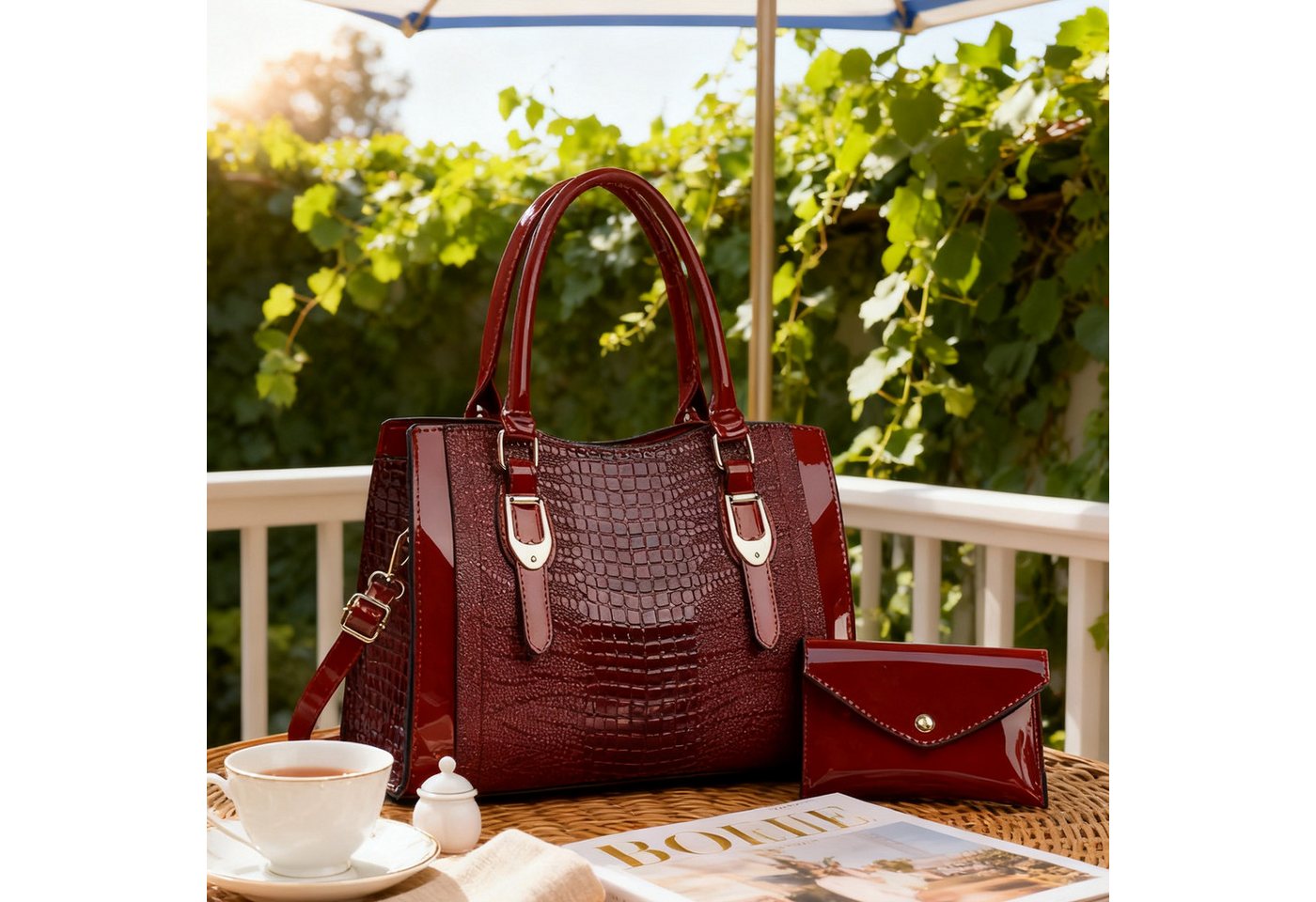 MODFU Henkeltasche Damen Handtasche Set Schultertasche Tragetasche Umhängetasche (2-teiliges Set aus Handtasche und Geldbörse mit Griff Schulterriemen, 2-tlg., mit Fächern für Handy Schlüssel und Kosmetik), Eleganter Stil ideal für Arbeit Reisen Feste oder als Geschenk von MODFU