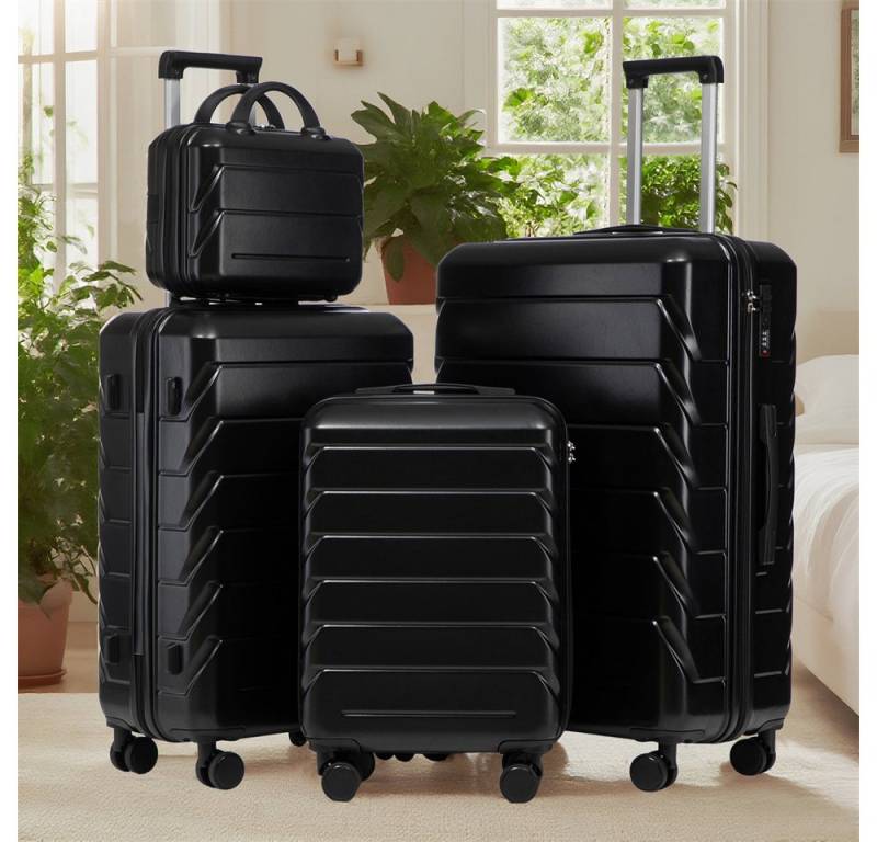 MODFU Kofferset ABS-Spinner-Trolleyset mit Zahlenschloss, 12 Rollen, (Große & mittlere Größen mit Seitenhandgriffen, Aufhängehaken & Schutzfüßen – Kosmetiktasche, 4 tlg., S-M-L-XL-Set) von MODFU