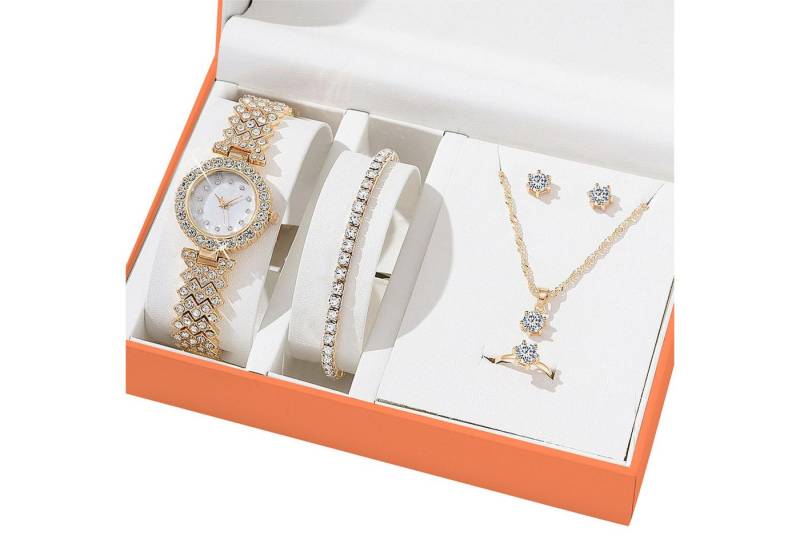 MODFU Quarzuhr 5er Damen Schmuck Set Uhrset Geschenkset Strassset, (Analog Quarz Uhr Armbanduhren Edelstahl, 5-tlg., Damenuhr, Armband, Ohrringe, Ring, Halskette), Geschenke Set für Frauen Mädchen Valentinstag Weihnachten Geburtstag von MODFU