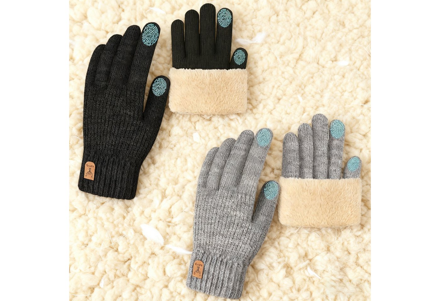 MODFU Strickhandschuhe Winterhandschuhe Touchscreen-Handschuhe 2er Set für Damen und Herren (mit Fleecefutter doppellagigem Kragen Dual-Touchscreen-Design, 2-St., einheitsgrößig passend für die meisten Hände) passt sich Handflächenbreite 8–10 cm und Umfang 18–23 cm von MODFU