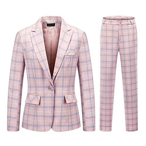 2-teiliges Damenanzug-Set, kariert, für Business, Büro, Blazer, Jacke, lässig, langärmelig, Hosenanzug-Set, Pink, Mittel von MODFUL