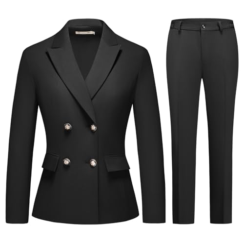 MODFUL Damen 2 Stück Business Anzug Zweireiher Blazer und Hose Arbeitsanzug Set, Schwarz, X-Groß von MODFUL