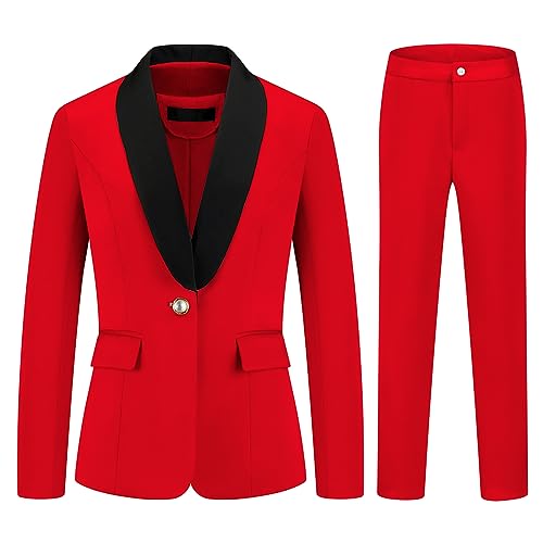 MODFUL Damen 2-teiliges Business-Anzug-Set mit einem Knopf einfarbig Blazer Hosenanzug, rot, Klein von MODFUL