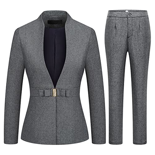 MODFUL Damen Business Hosenanzug Set 2 Stück Slim Fit Blazer Jacke Ein-Knopf-Schnallenverschluss Dame Arbeitsanzug für Büro, GRAU, Mittel von MODFUL
