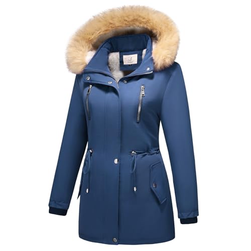 MODFUL Damen Fleece Daunenjacke Abnehmbare Kapuze Verdicken Sherpa Wintermantel Coat (Blau, L) von MODFUL