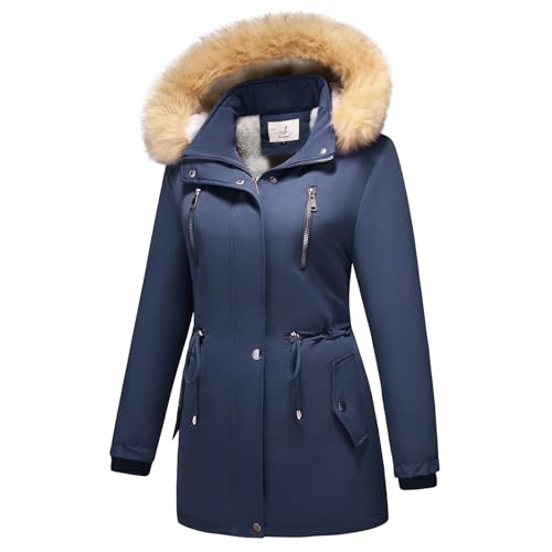MODFUL Damen Fleece Daunenjacke Abnehmbare Kapuze Verdicken Sherpa Wintermantel Coat (Dunkelblau, XXL) von MODFUL