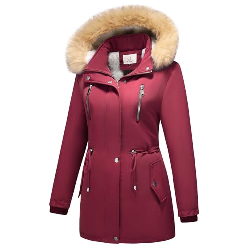 MODFUL Damen Fleece Daunenjacke Abnehmbare Kapuze Verdicken Sherpa Wintermantel Coat (Rot, XL) von MODFUL