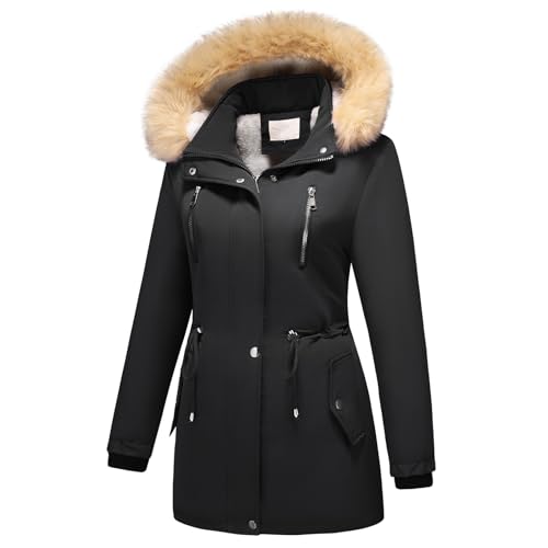 MODFUL Damen Fleece Daunenjacke Abnehmbare Kapuze Verdicken Sherpa Wintermantel Coat (Schwarz, L) von MODFUL
