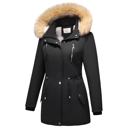 MODFUL Damen Fleece Daunenjacke Abnehmbare Kapuze Verdicken Sherpa Wintermantel Coat (Schwarz, M) von MODFUL