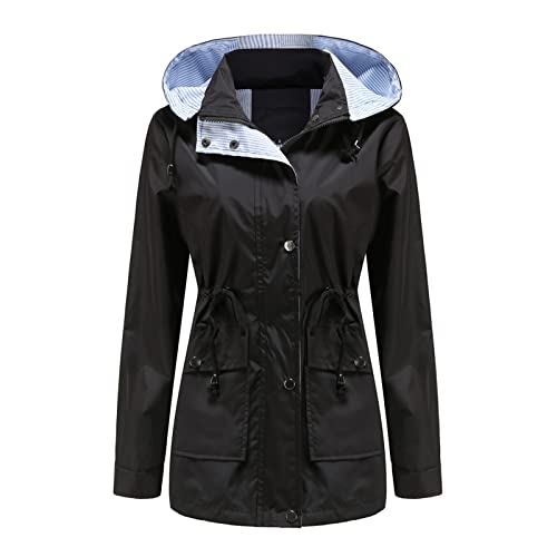 MODFUL Damen Langarm Regenjacke Wasserdicht Windbreaker Kapuze Leicht Winddicht Outdoor Mantel, Schwarz , 42 von MODFUL