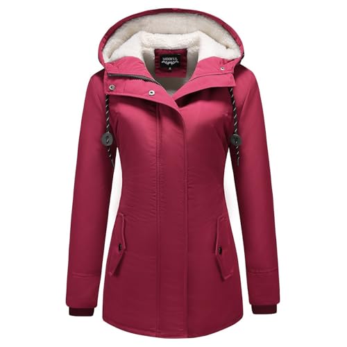 MODFUL Damen Winterparka Fleece Gefüttert Wintermantel mit Kapuze Dicke Coat Winterjacke (Rot, M) von MODFUL