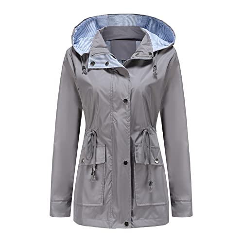 MODFUL Frauen Langarm Regendicht Jacke Wasserdichte Windjacke Mit Kapuze Leicht Winddicht Outdoor Mantel, grau, 46 von MODFUL