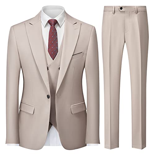 MODFUL Herren Anzug 3-teilig Slim Fit Business Einknopf Smoking Hochzeitsblazer Weste Hosen Set (Beige, S) von MODFUL