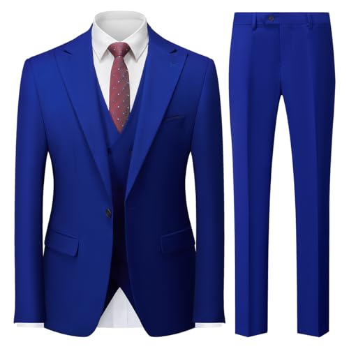 MODFUL Herren Anzug 3-teilig Slim Fit Business Einknopf Smoking Hochzeitsblazer Weste Hosen Set (Blau, XL) von MODFUL