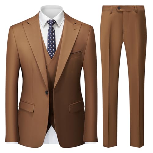 MODFUL Herren Anzug 3-teilig Slim Fit Business Einknopf Smoking Hochzeitsblazer Weste Hosen Set (Braun, M) von MODFUL