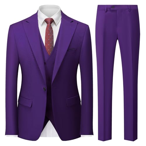 MODFUL Herren Anzug 3-teilig Slim Fit Business Einknopf Smoking Hochzeitsblazer Weste Hosen Set (Lila, M) von MODFUL