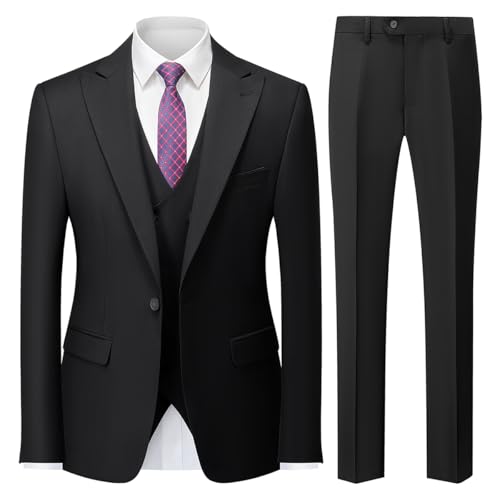 MODFUL Herren Anzug 3-teilig Slim Fit Business Einknopf Smoking Hochzeitsblazer Weste Hosen Set (Schwarz, S) von MODFUL