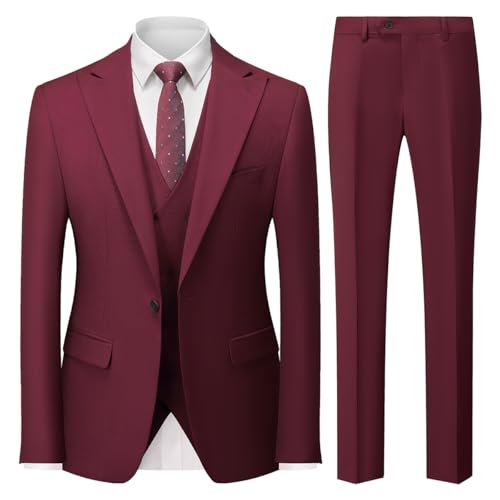 MODFUL Herren Anzug 3-teilig Slim Fit Business Einknopf Smoking Hochzeitsblazer Weste Hosen Set (Weinrot, S) von MODFUL