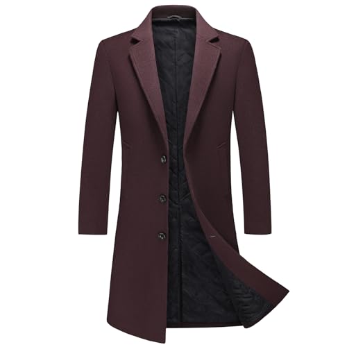 MODFUL Herren Langer Wollmantel mit Kerbkragen Warmer Wintermantel Lässiger Peacoat Slim Fit (Weinrot, M) von MODFUL