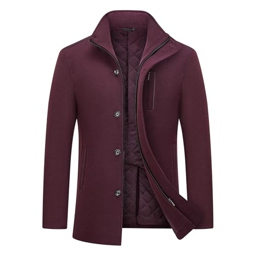 MODFUL Herren Wollmantel Mittellang Warm Wolle Wintermantel Peacoat Slim Fit für Business (Weinrot, S) von MODFUL