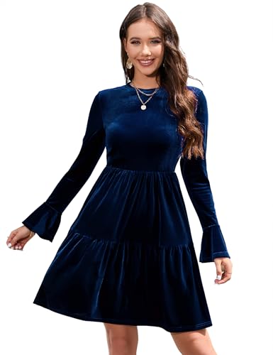 MODISFRAU Damen Kleider Elegant Samtkleid Winter Langarm Rundhals RüSchen Minikleid Dunkelblau S von MODISFRAU