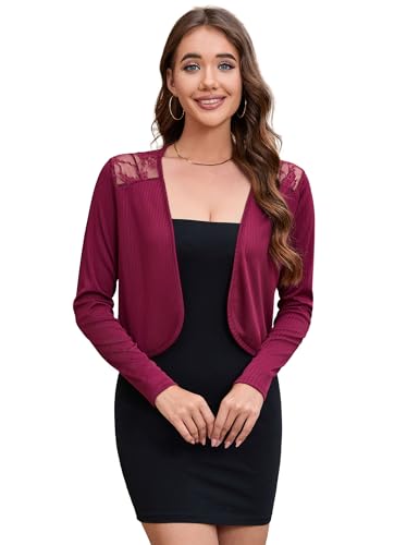 MODISFRAU Damen Strickjacke Bolero Vorne Offen Langarm Cardigan Elegant Spitzen Jacke Festlich Einfarbige Oberteil Weinrot S von MODISFRAU