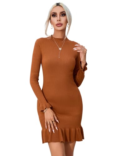 MODISFRAU Damen Strickkleider Langarm Sweater Winterkleid Mit RüSchen Mini Freizeitkleid Grau S von MODISFRAU