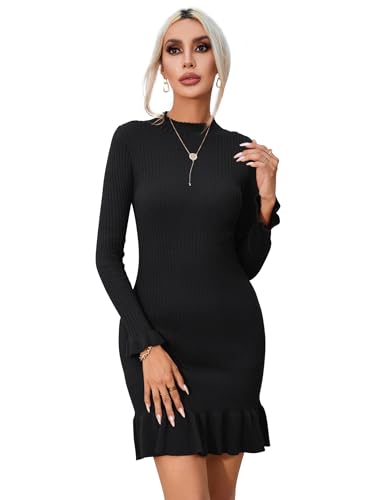 MODISFRAU Damen Strickkleider Langarm Sweater Winterkleid Mit RüSchen Mini Freizeitkleid Schwarz S von MODISFRAU