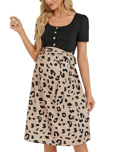 MODISFRAU Damen Umstandskleid Knielang Hohe Taille Stillkleid Quadratischer Kragen Casual Schwangerschaftskleid mit Taillengürtel Aprikosen Leopard XL von MODISFRAU