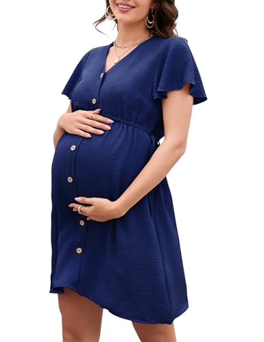 MODISFRAU Damen Umstandskleider Kurzarm Stillkleid elegant V-Ausschnit Lässiges Schwangerschaftskleid Sommer mit Knöpfen (Verpackung MEHRWEG) Dunkelblau XL von MODISFRAU