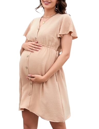 MODISFRAU Damen Umstandskleider Kurzarm Stillkleid elegant V-Ausschnit Lässiges Schwangerschaftskleid Sommer mit Knöpfen (Verpackung MEHRWEG) Khaki XXL von MODISFRAU