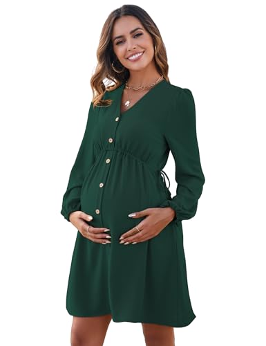 MODISFRAU Damen Umstandskleider Langarm Stillkleid elegant V-Ausschnit Schwangerschaftskleid mit Knöpfen dunkelgrün L von MODISFRAU