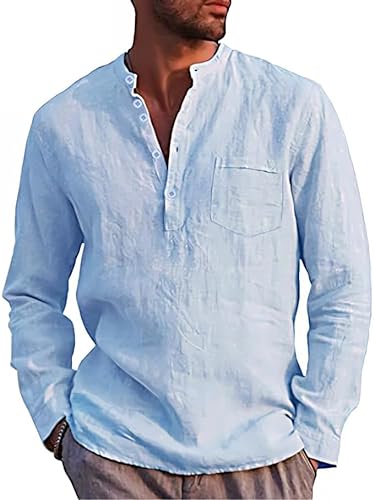 MODISFRAU Herren Henley Shirt Langarm Leinenhemd Frühling Sommer Hemd Regular Fit Freizeithemd Shirts Mit Tasche Blau S von MODISFRAU