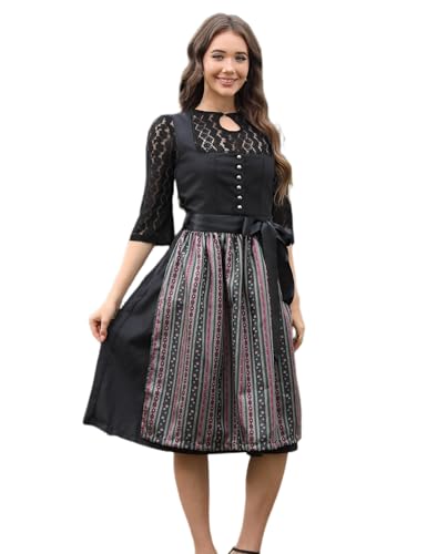 MODISFRAU Midi Dirndl Damen Trachtenkleid mit Dirndlschürze Dirndlbluse 3Tlg. für Oktoberfest Bayerische Schwarz 48 von MODISFRAU