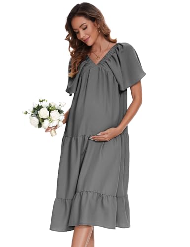 MODISFRAU Umstandskleid Damen V Ausschnitt Schwangerschafts Kleid Casual Sommer Lange Schwangerschaftskleid Dunkelgrau M von MODISFRAU