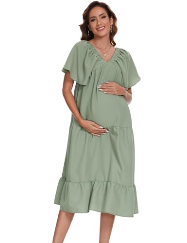 MODISFRAU Umstandskleid Damen V Ausschnitt Schwangerschafts Kleid Casual Sommer Lange Schwangerschaftskleid Grün L von MODISFRAU