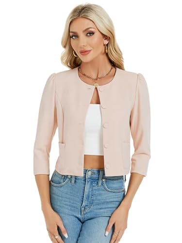 MODIURBAN Blazer Damen Kurz Bolero Elegant Strickjacke Langarm Jäckchen Cardigan mit Knöpfen und Taschen Cremefarbe XL von MODIURBAN