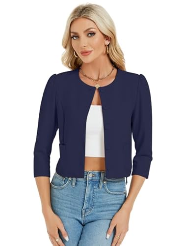 MODIURBAN Blazer Damen Kurz Bolero Elegant Strickjacke Langarm Jäckchen Cardigan mit Knöpfen und Taschen Dunkelblau L von MODIURBAN